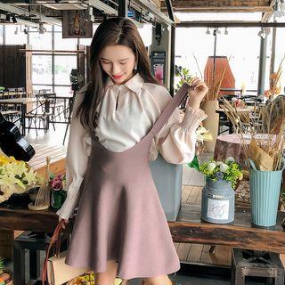 Set: Smocked-cuff Blouse + A-line Jumper Skirt
