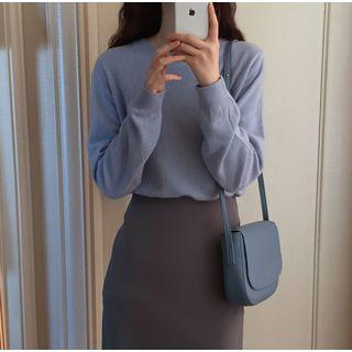 Plain Long-sleeve Knit Top / Midi Straight-fit Skirt