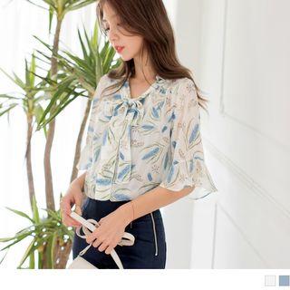 Ruffle Sleeve Tie-neck Floral Chiffon Top