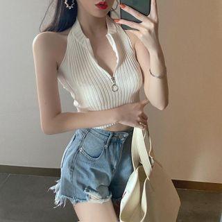 Half-zip Halter-neck Knit Cropped Top