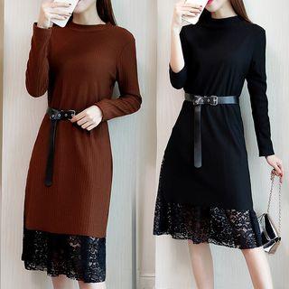 Long-sleeved Crewneck A-line Panel Lace Sheath Dress