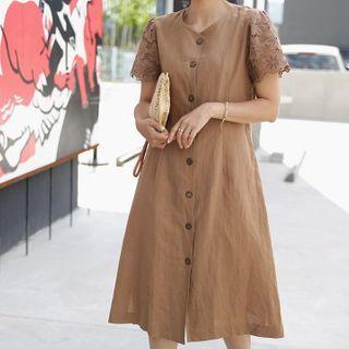 Lace-sleeve Button-up Dress