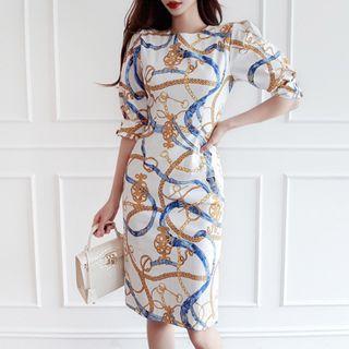 Elbow-sleeve All-over Print Sheath Dress