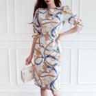 Elbow-sleeve All-over Print Sheath Dress