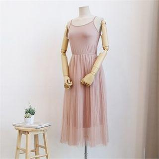 Spaghetti-strap Tulle-overlay Long Pinafore Dress