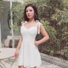 Ribbon-strap Embroidered Mini Dress