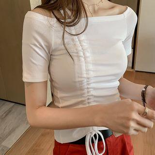 Cold-shoulder Drawstring Short-sleeve T-shirt