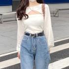 Set: Long-sleeve Crop Top + Camisole Top Set Of 2 - One Size