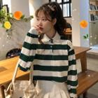 Cropped Striped Collared Top Stripe - Green - One Size