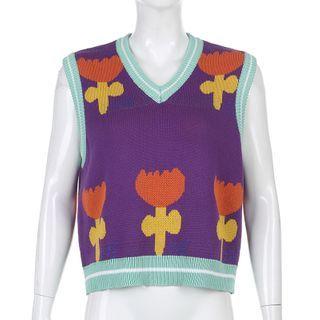 Cropped Jacquard Knit Vest Xt5606v0h - Purple - One Size