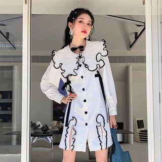 Long-sleeve Ruffled Mini Dress / Floral Print Faux Pearl Trim Vest