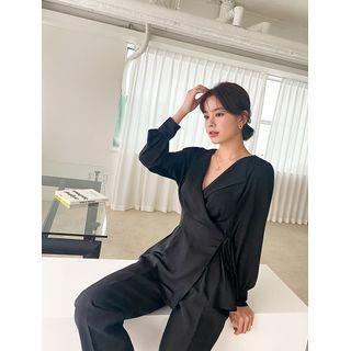 Surplice-wrap Pintuck-waist Satin Blouse