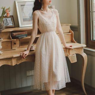 Wide Strap Dotted Midi Mesh Dress