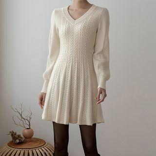 V-neck Flared Cable-knit Dress