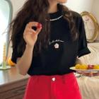 Short-sleeve Flower Embroidered Faux Pearl T-shirt