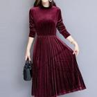 Long-sleeve Pleated A-line Velvet Dress