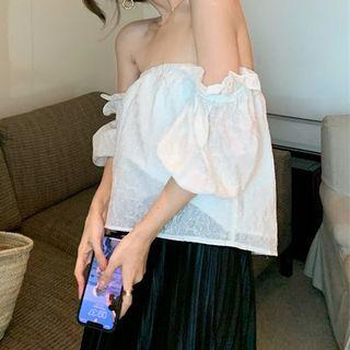 Puff-sleeve Off-shoulder Blouse / Slit Midi A-line Skirt