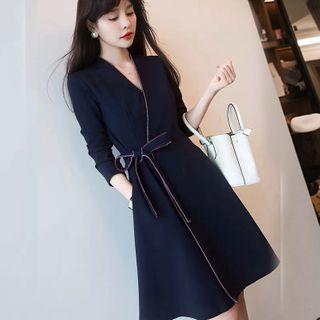 Tie-front Long-sleeve Midi A-line Dress