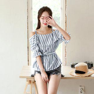 Off-shoulder 3/4-sleeve Striped Top