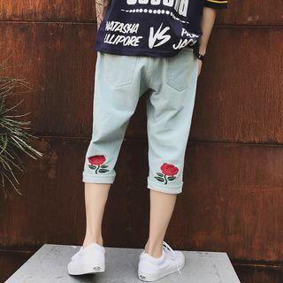 Rose Embroidered Cropped Straight-cut Jeans