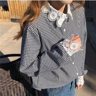 Crochet Lace Panel Plaid Shirt