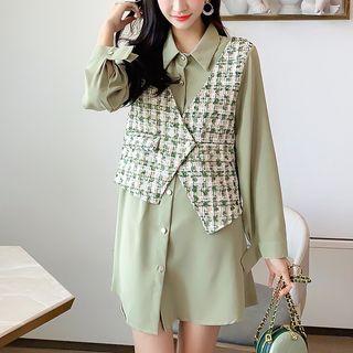 Set: Plain Shirt Dress + Tweed Vest