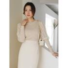 Lace Mutton-sleeve Faux-pearl Knit Top