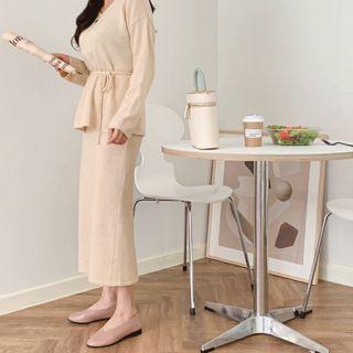 Set: V-neck Knit Top With Sash + Band-waist Long Skirt