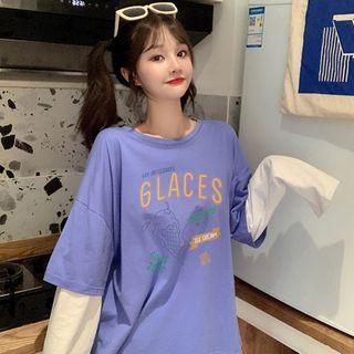 Mock Two-piece Long-sleeve Ice Cream Print T-shirt
