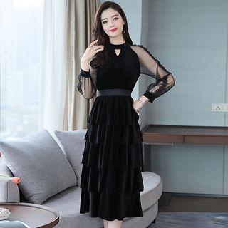 Long-sleeve Paneled Velvet Mini A-line Tiered Dress