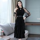 Long-sleeve Paneled Velvet Mini A-line Tiered Dress