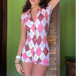 Short Sleeve V-neck Argyle Print Playsuit