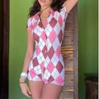 Short Sleeve V-neck Argyle Print Playsuit