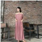 Striped Off-shoulder Elbow-sleeve Wide-leg Jumpsuit