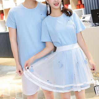 Couple Matching Shorts / Swan Embroidered Short-sleeve T-shirt / T-shirt Dress