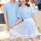 Couple Matching Shorts / Swan Embroidered Short-sleeve T-shirt / T-shirt Dress