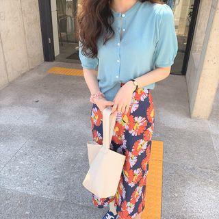 Balloon-sleeve Cardigan / Floral Print Midi A-line Skirt