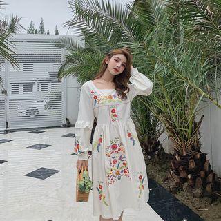 Long-sleeve Embroidered Flower A-line Midi Dress