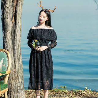 Off Shoulder Long Sleeve Lace Midi Dress
