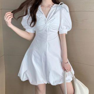 Balloon-sleeve Twisted A-line Dress White - One Size