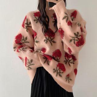 Floral Sweater / Plain Midi A-line Skirt