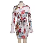 Long-sleeve Floral Print Tie-waist Mini Bodycon Dress