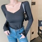 Plain V-neck Long-sleeve Slim-fit Top - 3 Colors