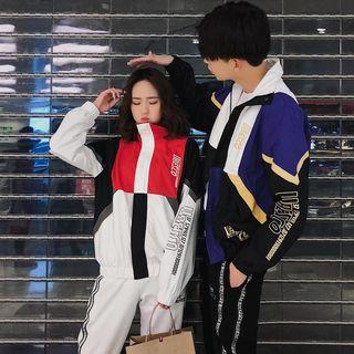 Couple Matching Color Block Windbreaker / Lettering Strap Sweatpants
