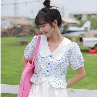 Puff-sleeve Collared Floral Print Blouse Blue - One Size