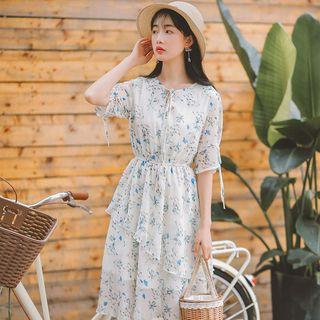 Asymmetric Floral Elbow-sleeve Dress