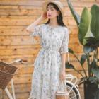 Asymmetric Floral Elbow-sleeve Dress