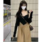 Spaghetti Strap Two-tone Midi A-line Dress / Cardigan