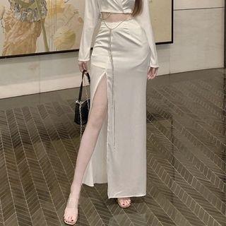 High-waist Plain Slit Maxi Skirt