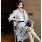 Set: Ruffle Trim Elbow-sleeve Blouse + Lace High-low A-line Skirt